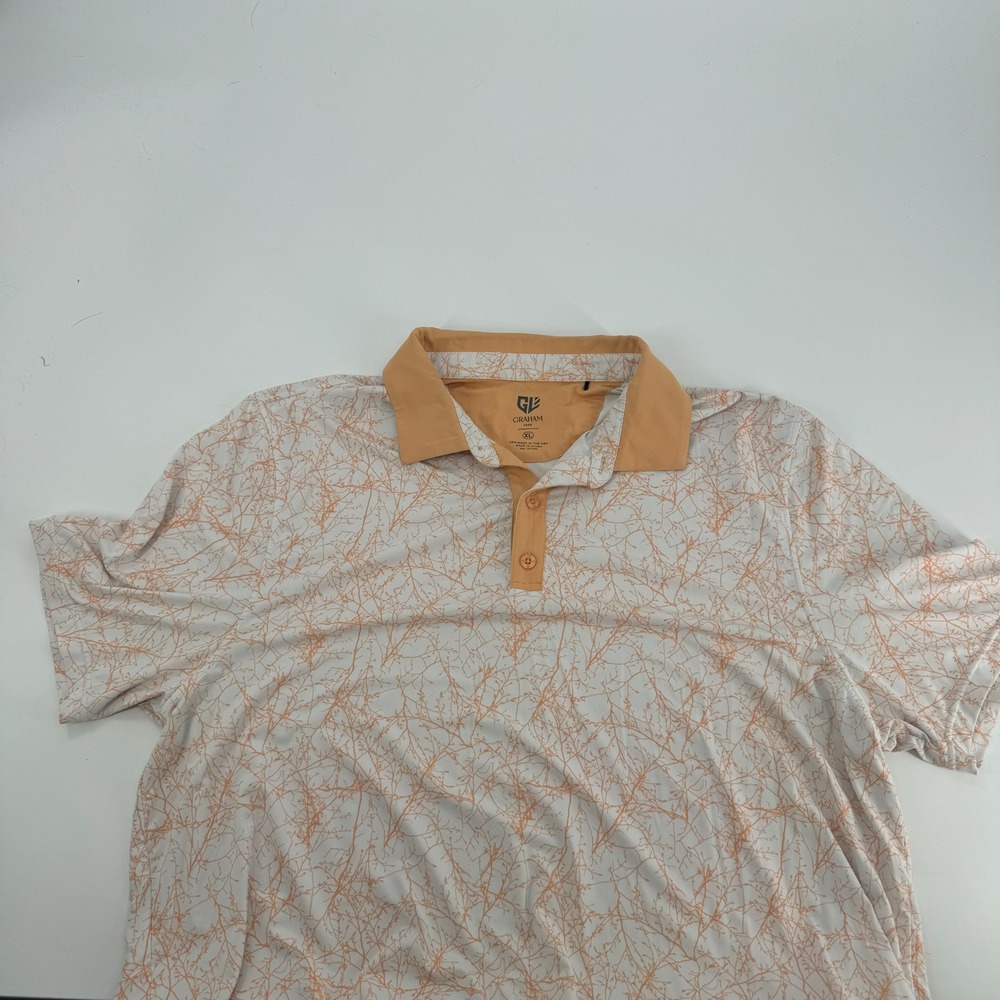 Graham Luxe Mens XL‎ Polo Shirt Short Sleeve White Orange Leaf Print Golf Casual